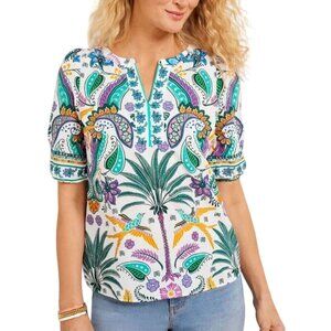 Talbots Birds And Palms Popover Blouse Tropical Vacation Sustainable Size L